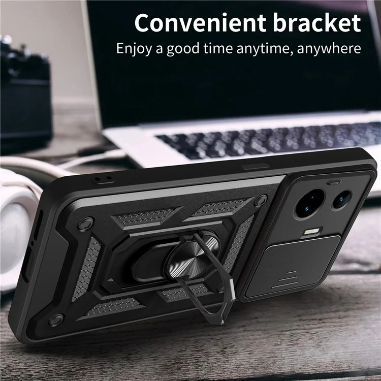 Para Realme GT Neo 5 5G / GT3 5G Case Slide Lens Guard PC+TPU Kickstand Phone Cover - Preto