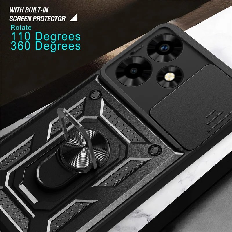 Per Infinix Hot 30 Back Case Slide Lens Lid PC+TPU Kickstand Phone Cover - Nero