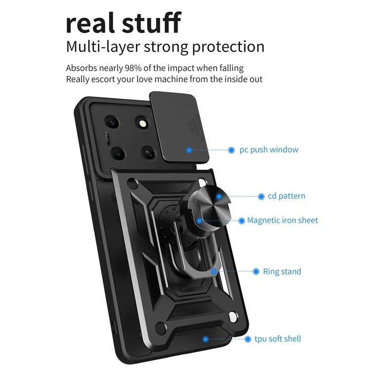 Для Infinix Note 30i 4G Чехол PC+TPU Slide Lens Guard Phone Case с подставкой - Черный