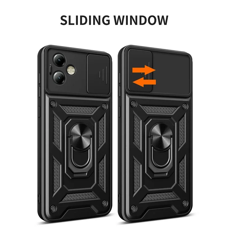 Para Motorola Moto G14 4G Capa Slide Lens Lid PC+TPU Protective Phone Case - Preto