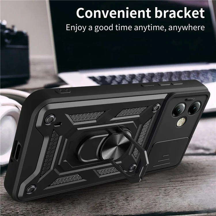 Para Motorola Moto G14 4G Capa Slide Lens Lid PC+TPU Protective Phone Case - Preto
