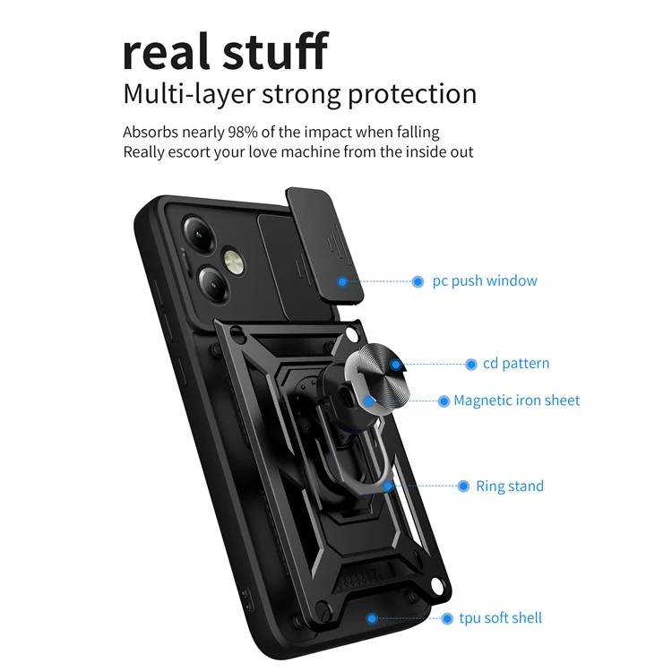 Para Motorola Moto G14 4G Capa Slide Lens Lid PC+TPU Protective Phone Case - Preto