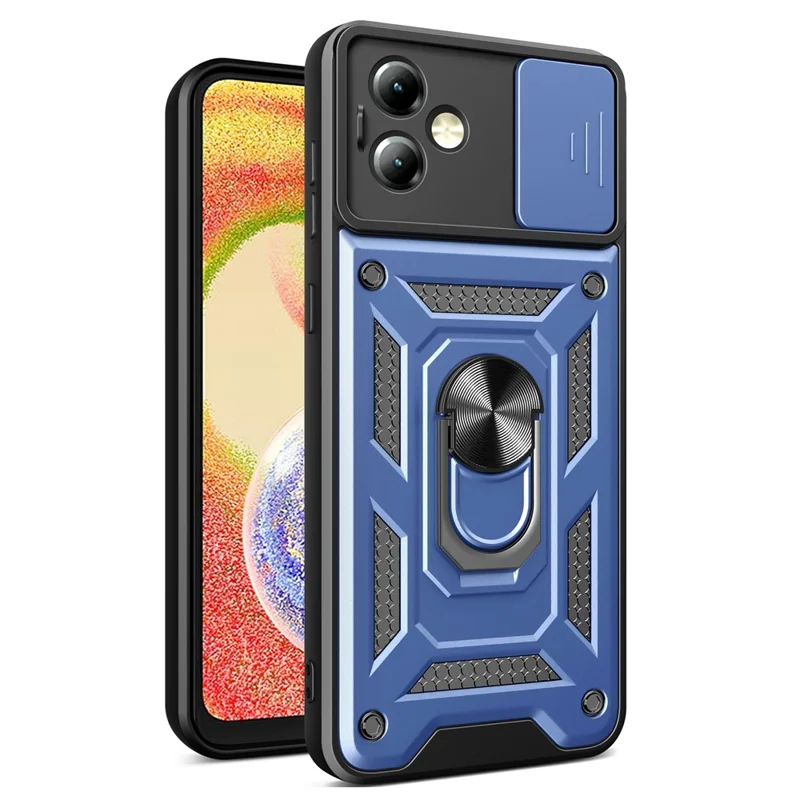 For Motorola Moto G14 4G Cover Slide Lens Lid PC+TPU Protective Phone Case - Blue