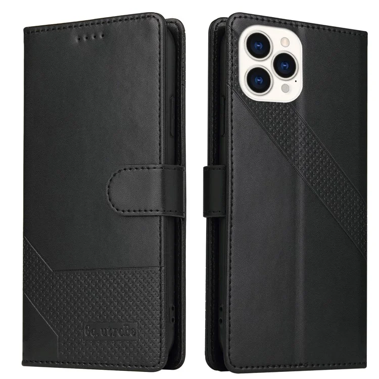 GQ.UTROBE 009 Series per iPhone 15 Pro Case Imprinted Leather Phone Cover con Wallet Stand - Nero
