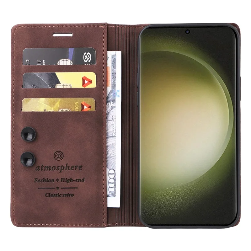 006 Series For Samsung Galaxy S23 Ultra Leather Case Phone Wallet Cover with Sucker Closure - Coffee