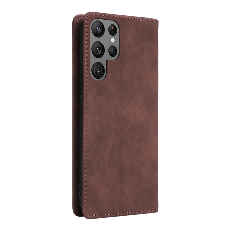 006 Series For Samsung Galaxy S23 Ultra Leather Case Phone Wallet Cover with Sucker Closure - Coffee