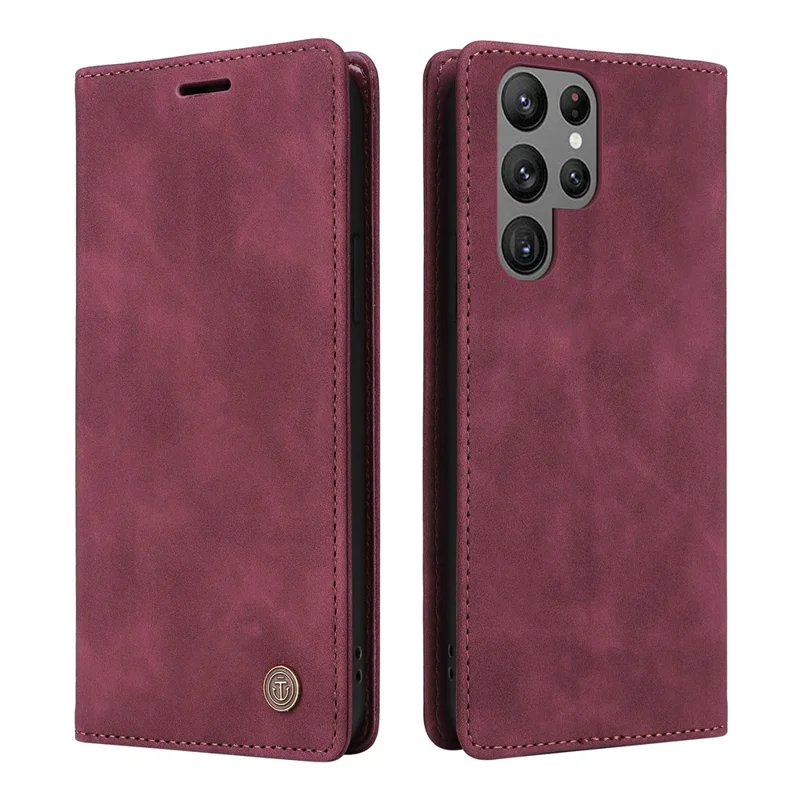 006 Series For Samsung Galaxy S23 Ultra Leather Case Phone Wallet Cover with Sucker Closure - Wine Red