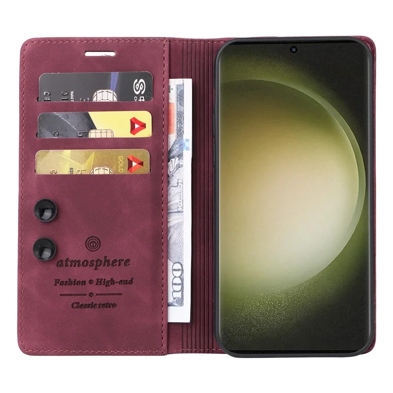 006 Series For Samsung Galaxy S23 Ultra Leather Case Phone Wallet Cover with Sucker Closure - Wine Red