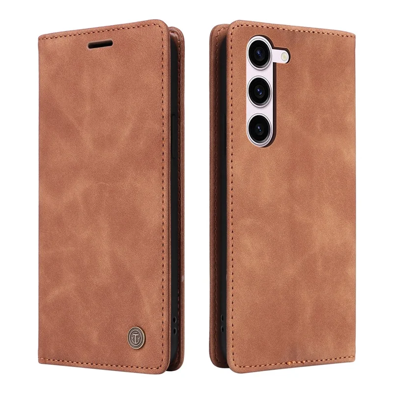 006 Series For Samsung Galaxy S23+ Case PU Leather Sucker Closure Phone Stand Cover - Brown