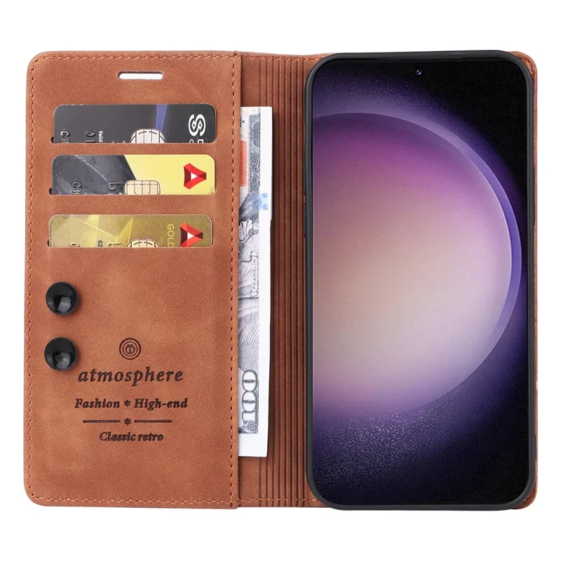 006 Series For Samsung Galaxy S23+ Case PU Leather Sucker Closure Phone Stand Cover - Brown