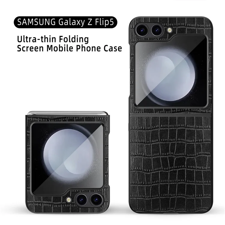 Para Samsung Galaxy Z Flip5 5G Capa Protetora Textura de Crocodilo PU+PC Capa de Telefone - Preto