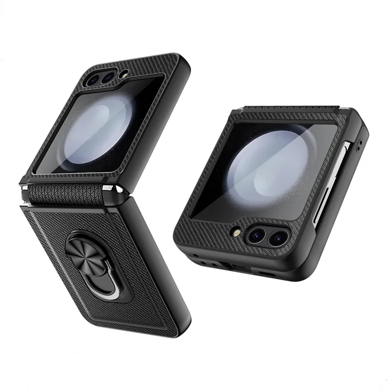 For Samsung Galaxy Z Flip5 5G Case Ring Kickstand Hard PC Phone Protector - Wheat Black