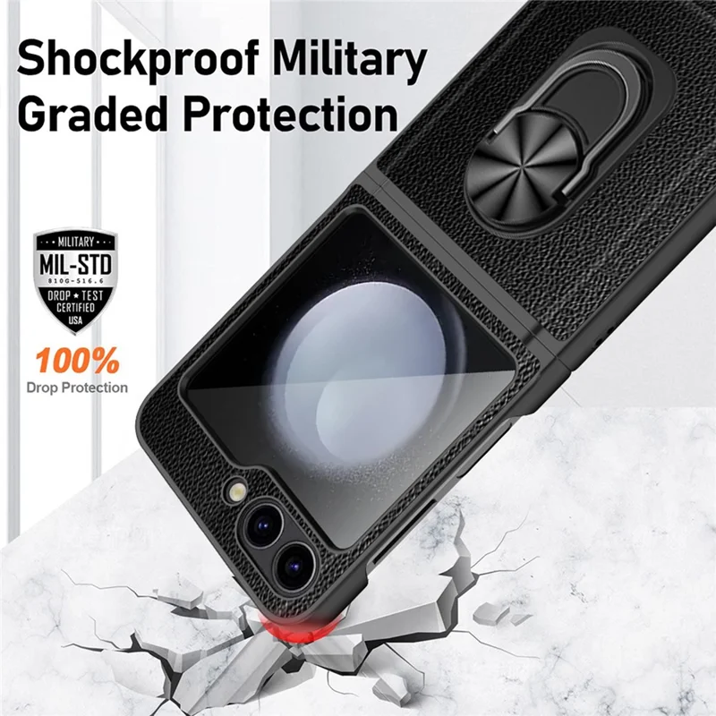 For Samsung Galaxy Z Flip5 5G Case Ring Kickstand Hard PC Phone Protector - Wheat Black
