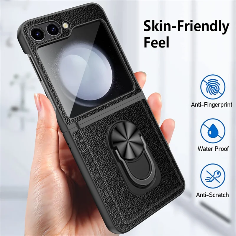 For Samsung Galaxy Z Flip5 5G Case Ring Kickstand Hard PC Phone Protector - Wheat Black