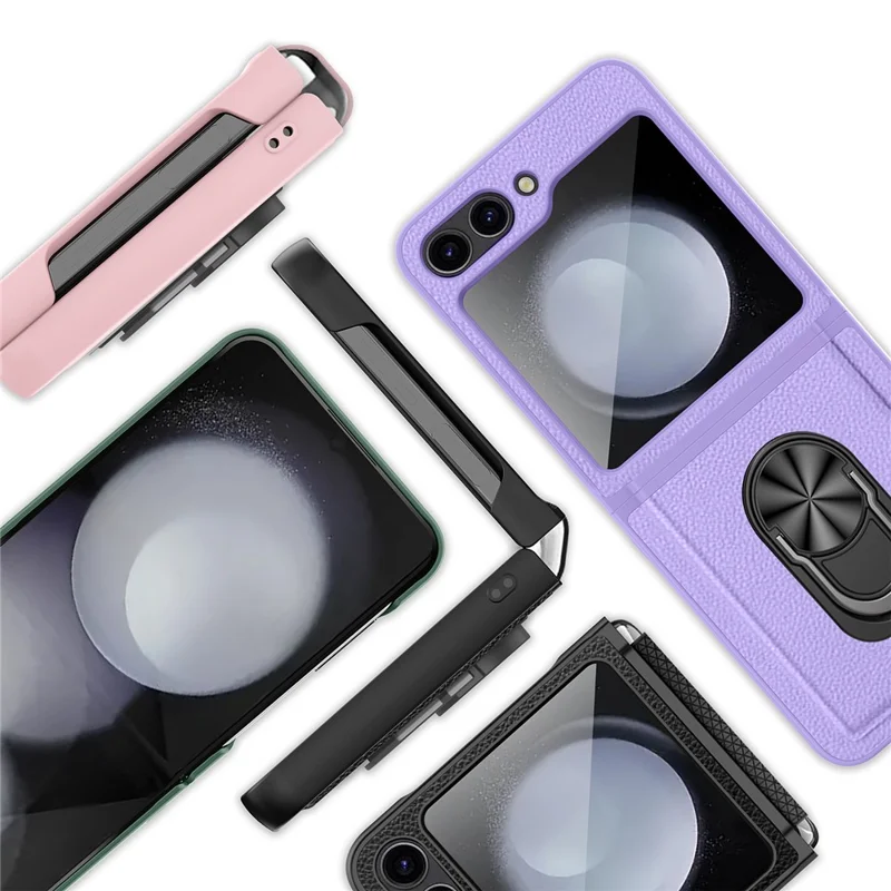 For Samsung Galaxy Z Flip5 5G Case Ring Kickstand Hard PC Phone Protector - Wheat Black
