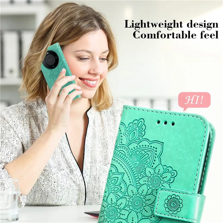 For Huawei Mate 60 Case Floral Pattern PU Leather Wallet Stand Phone Cover - Green