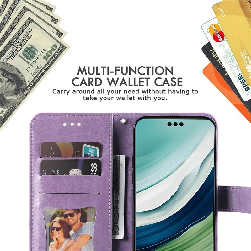 For Huawei Mate 60 Case Floral Pattern PU Leather Wallet Stand Phone Cover - Purple