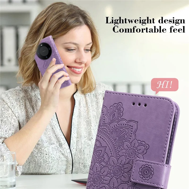 For Huawei Mate 60 Case Floral Pattern PU Leather Wallet Stand Phone Cover - Purple