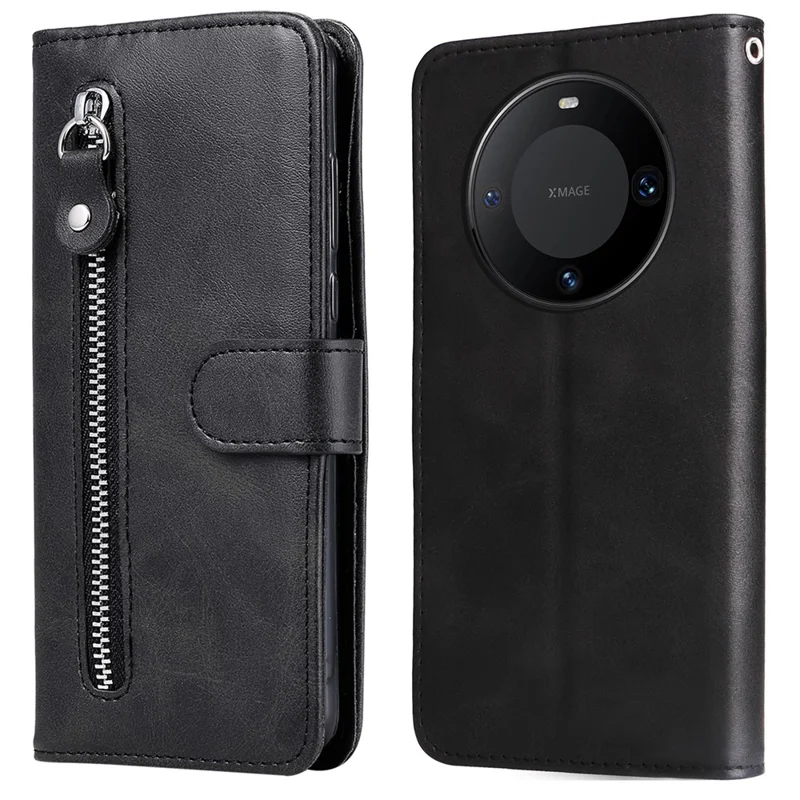 Pour Huawei Mate 60 Case Anti-Scratch Shell Zipper Pocket Wallet Stand Phone Cover - Noir
