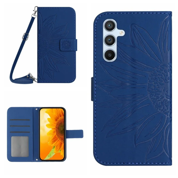 Кожаный чехол-кошелек HT04 для Samsung Galaxy A05s 4G, чехол с тиснением в виде подсолнуха, телефонная оболочка с плечевым ремнем - сапфировый