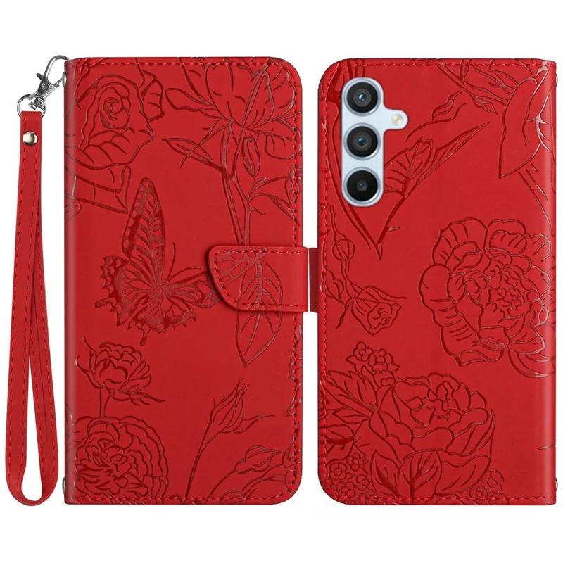 HT03 For Samsung Galaxy A05s 4G Cover PU Leather Wallet Imprint Flower Phone Case with Wrist Strap - Red
