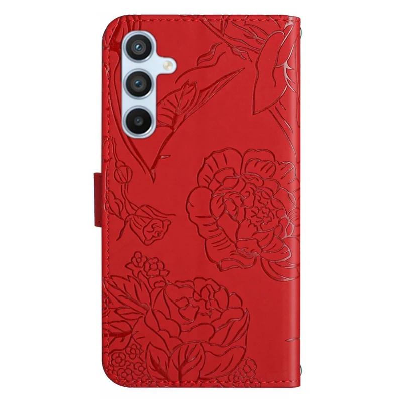 HT03 For Samsung Galaxy A05s 4G Cover PU Leather Wallet Imprint Flower Phone Case with Wrist Strap - Red