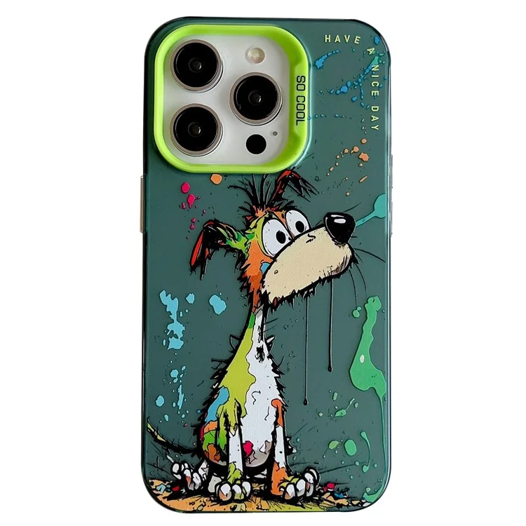 For iPhone 15 Pro Phone Case PC+TPU Graffiti Animal Pattern Design Cover - Green Dog