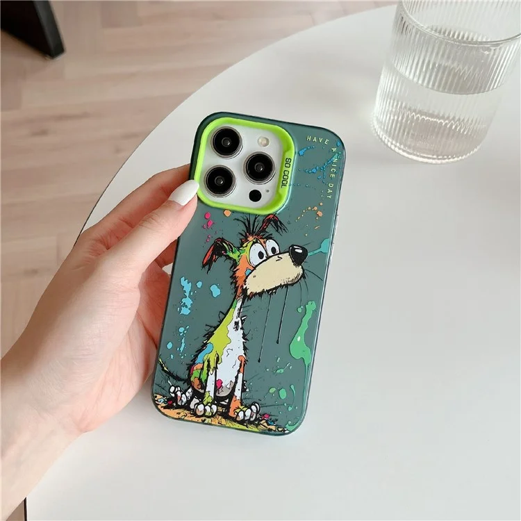 For iPhone 15 Pro Phone Case PC+TPU Graffiti Animal Pattern Design Cover - Green Dog