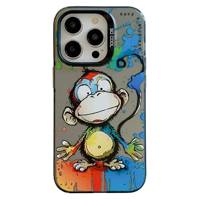 For iPhone 15 Pro Max PC+TPU Phone Cover Animal Pattern Printed Graffiti Case - Happy Monkey