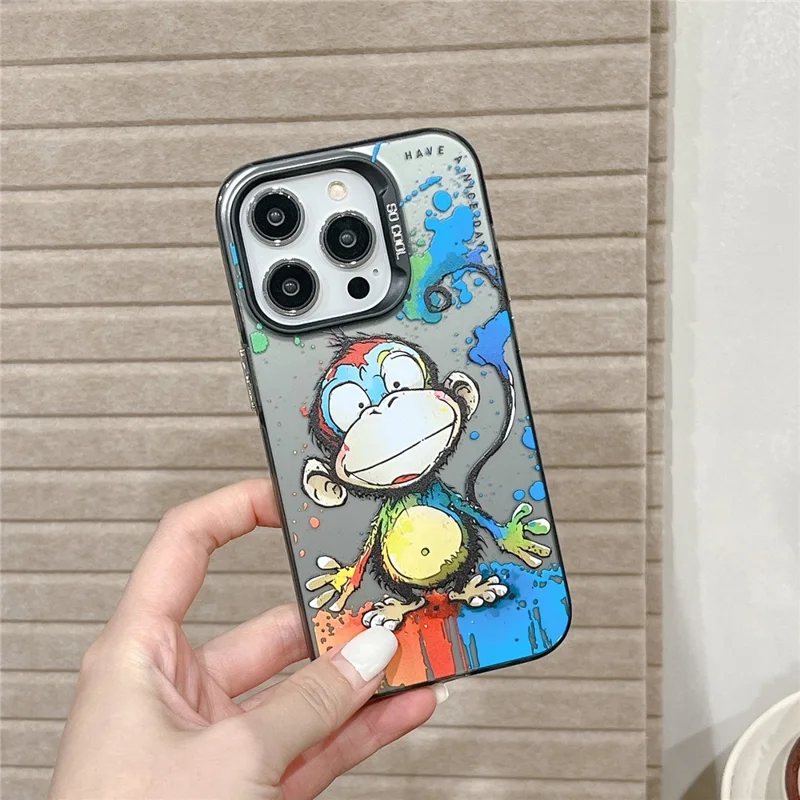 For iPhone 15 Pro Max PC+TPU Phone Cover Animal Pattern Printed Graffiti Case - Happy Monkey