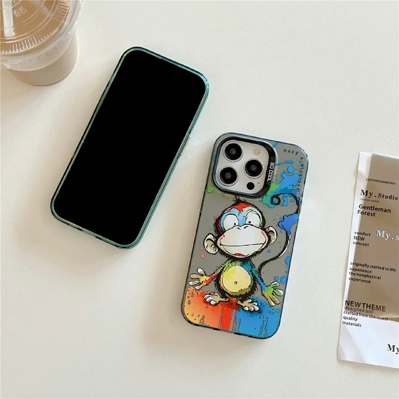 For iPhone 15 Pro Max PC+TPU Phone Cover Animal Pattern Printed Graffiti Case - Happy Monkey
