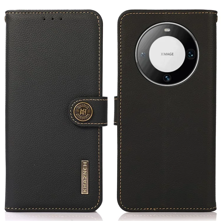 KHAZNEH Para Huawei Mate 60 Pro Capa Anti-queda Carteira RFID Blocking Genuine Cow Leather Phone Cover - Preto
