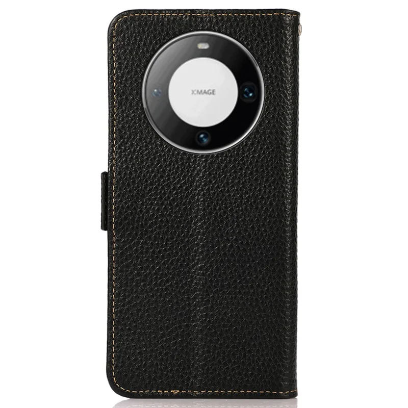 KHAZNEH Für Huawei Mate 60 Pro Hülle RFID-Blockierung Litchi-Struktur Echtes Rindsleder Cover - Schwarz
