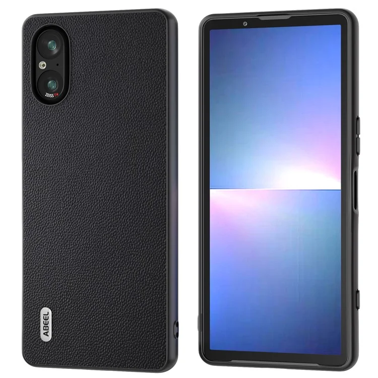 ABEEL For Sony Xperia 5 V Case Genuine Cow Leather Coated PC+TPU Phone Cover - Black