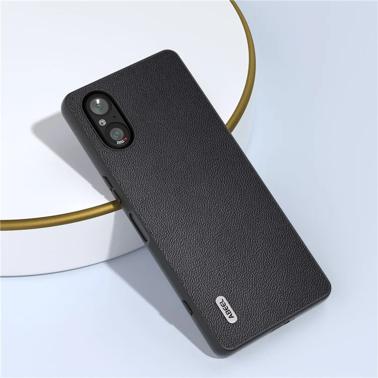 ABEEL For Sony Xperia 5 V Case Genuine Cow Leather Coated PC+TPU Phone Cover - Black