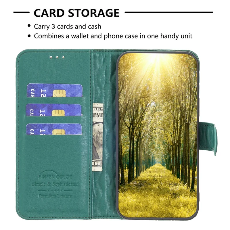 BINFEN COLOR BF Style-14 For Samsung Galaxy A15 4G Case PU Leather Phone Cover with Wallet - Green