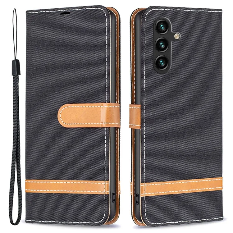 Für Samsung Galaxy A15 4G Hülle Jeans Tuch Spleißen PU-Leder Handyhülle - Schwarz