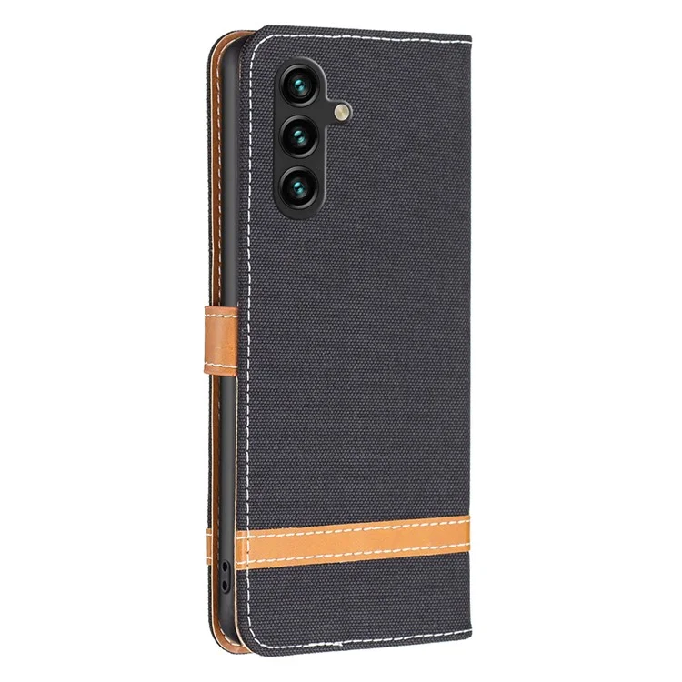 Für Samsung Galaxy A15 4G Hülle Jeans Tuch Spleißen PU-Leder Handyhülle - Schwarz
