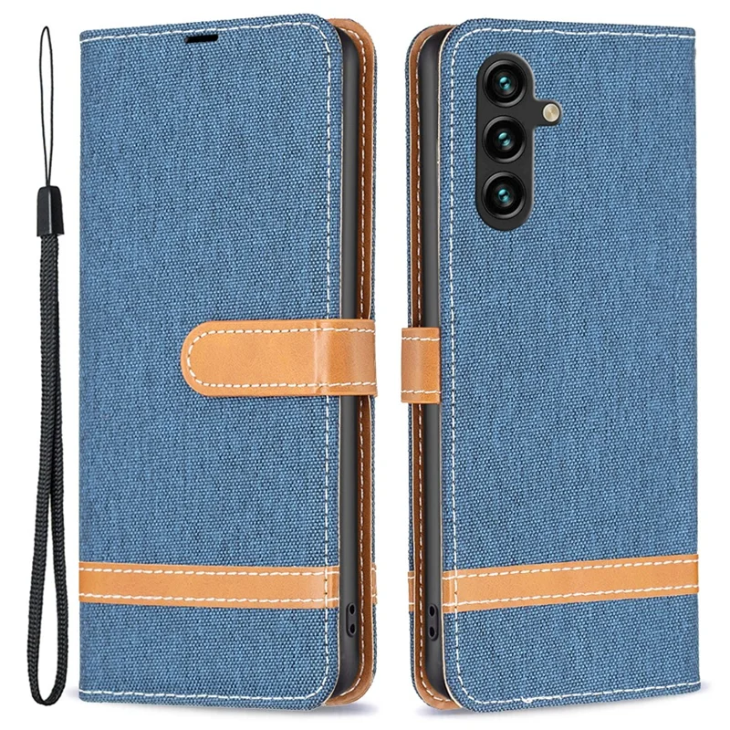 Custodia per Samsung Galaxy A15 4G in Tessuto Jeans e PU Pelle, Combinata - Blu Navy
