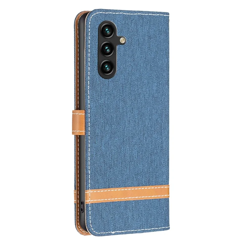 Custodia per Samsung Galaxy A15 4G in Tessuto Jeans e PU Pelle, Combinata - Blu Navy