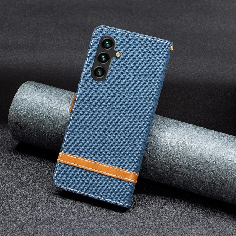 Custodia per Samsung Galaxy A15 4G in Tessuto Jeans e PU Pelle, Combinata - Blu Navy