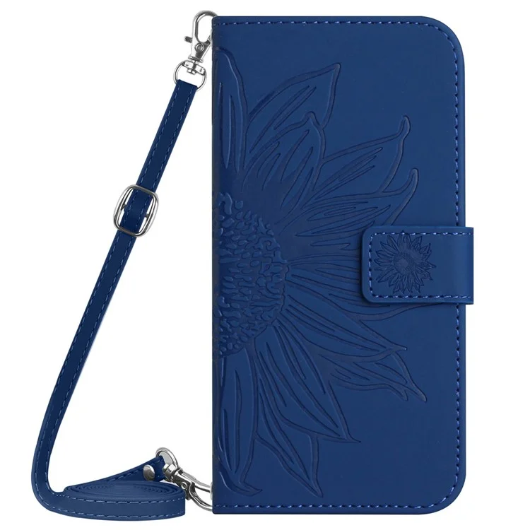 HT04 For Motorola Edge 40 Neo 5G Leather Case Imprinted Phone Cover with Shoulder Strap - Sapphire