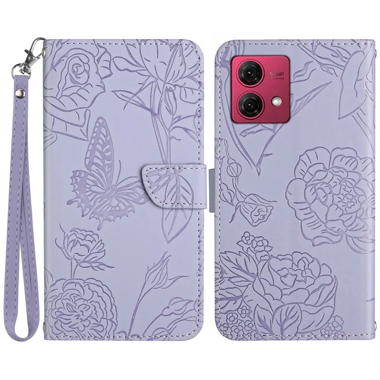 HT03 For Motorola Edge 40 Neo 5G Cover Leather Wallet Imprinted Phone Case with Hand Strap - Purple