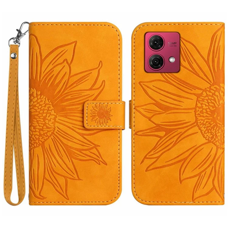 HT04 For Motorola Edge 40 Neo 5G Leather Cover Wallet Stand Cell Phone Case with Hand Strap - Yellow