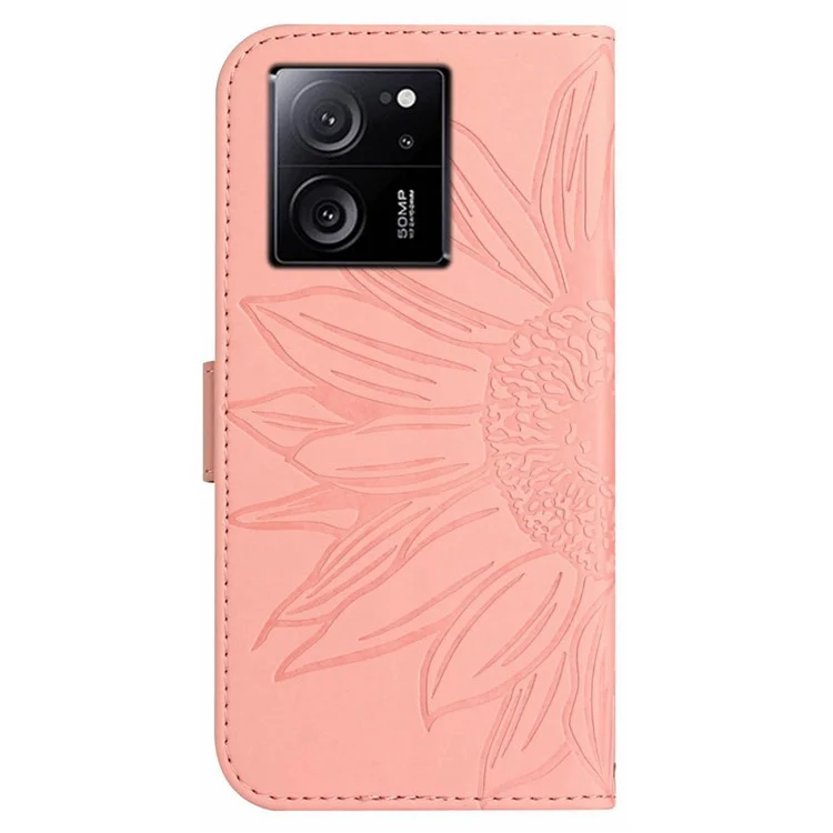 HT04 For Xiaomi 13T / 13T Pro Cover Leather Wallet Imprinted Phone Case with Shoulder Strap - Light Pink