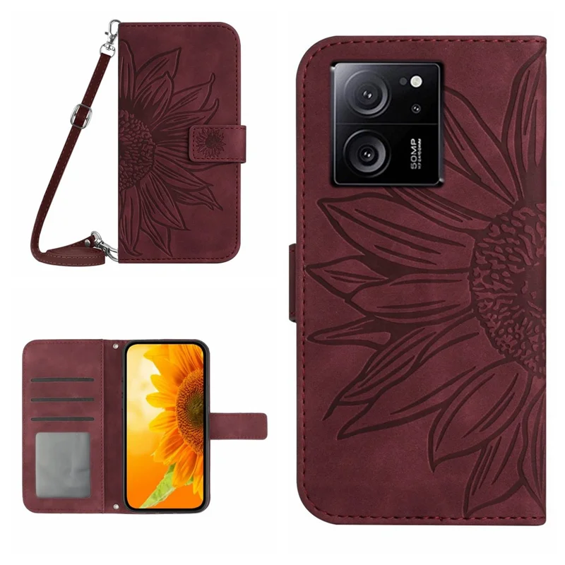 HT04 Funda de Cartera de Cuero con Estampado para Xiaomi 13T / 13T Pro con Correa para el Hombro - Rojo Vino