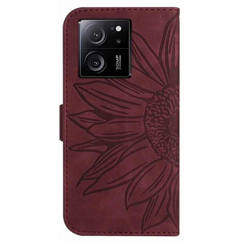 HT04 Funda de Cartera de Cuero con Estampado para Xiaomi 13T / 13T Pro con Correa para el Hombro - Rojo Vino