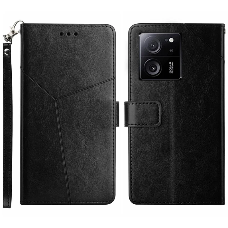 HT01 For Xiaomi 13T / 13T Pro Leather Case Y-shaped Line Imprinted Phone Stand Cover - Black