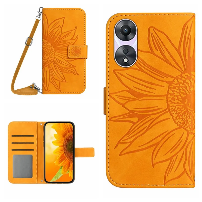 HT04 For Oppo A18 4G / A38 4G Case Sunflower Imprint Leather Wallet Phone Cover with Long Strap - Yellow