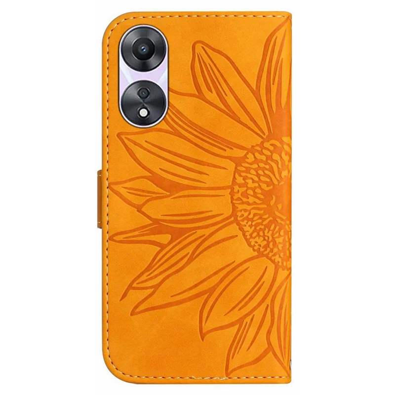 HT04 For Oppo A18 4G / A38 4G Case Sunflower Imprint Leather Wallet Phone Cover with Long Strap - Yellow